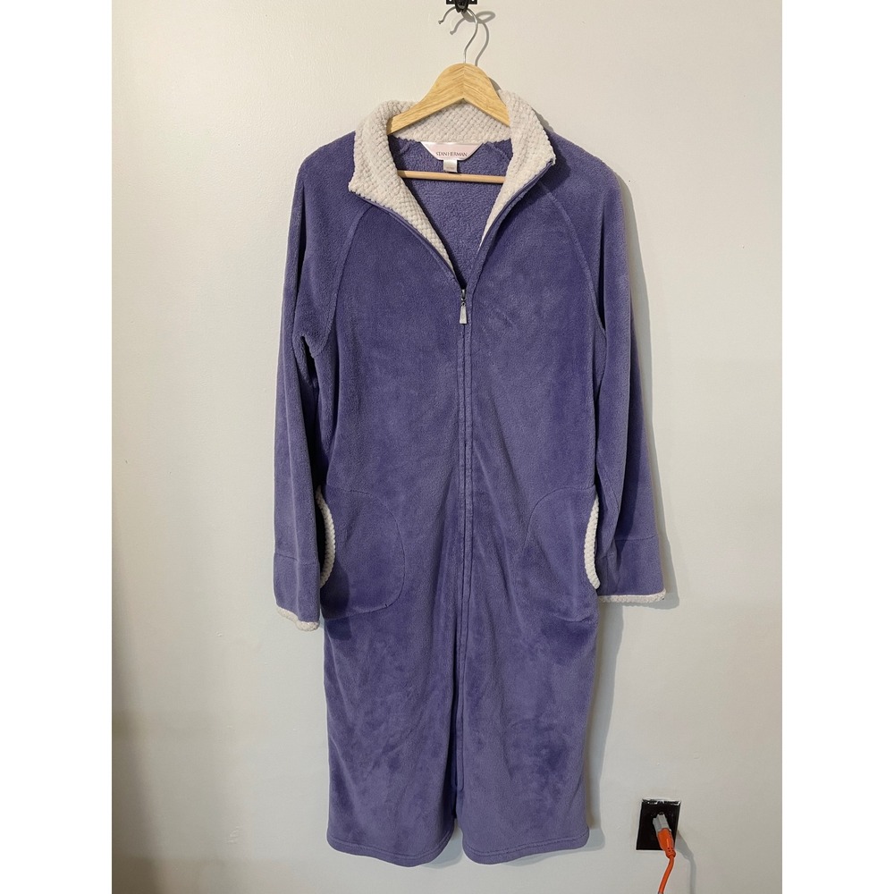 Stan Herman Purple Fleece Zip‎ Front Robe Sherpa Trim Long Sleeve Petite Medium
